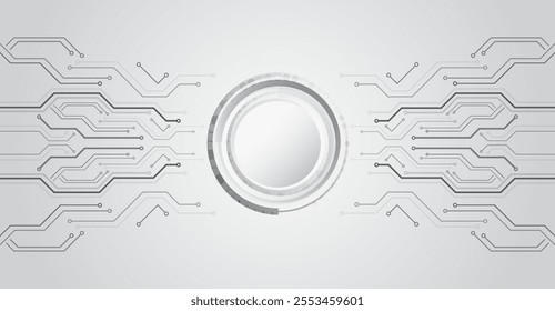 Wide Cyber security internet and networking concept. Hi-tech vector illustration with various technology elements. Abstract global sci-fi concept. Digital internet communication on grey background. 