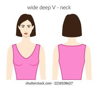 Wide deep V - neckline clothes character beautiful lady in pink top, shirt, dress technical fashion illustration with fitted body. Flat apparel template front, back sides. Women, men unisex CAD mockup