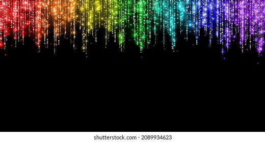 Wide disco decoration, glitter rainbow tinsel garland on black background. Vector