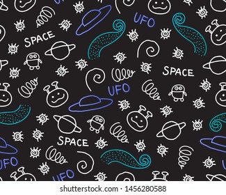 Wide Doodle seamless pattern. Black and white space. Vector illustration. Planets, UFO, rocket, stars isolated on a black background
