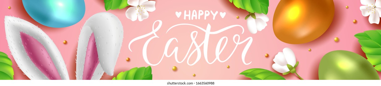 Wide Easter banner with 3D realistic shine colorful eggs, bunny ears and cherry blossom. Hand Lettering Happy Easter. Pink vector background and white flowers.