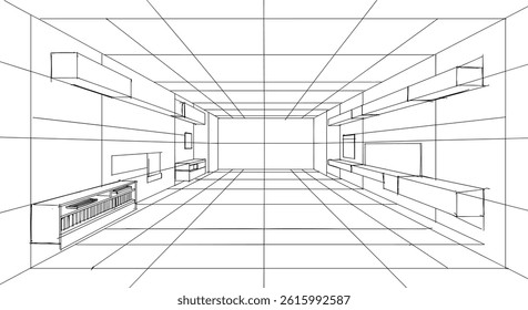 wide empty room interior, perspective view 3d illustration