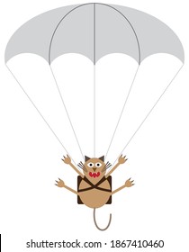 A wide eyed sky diving cartoon cat is dangling from a parachute svg