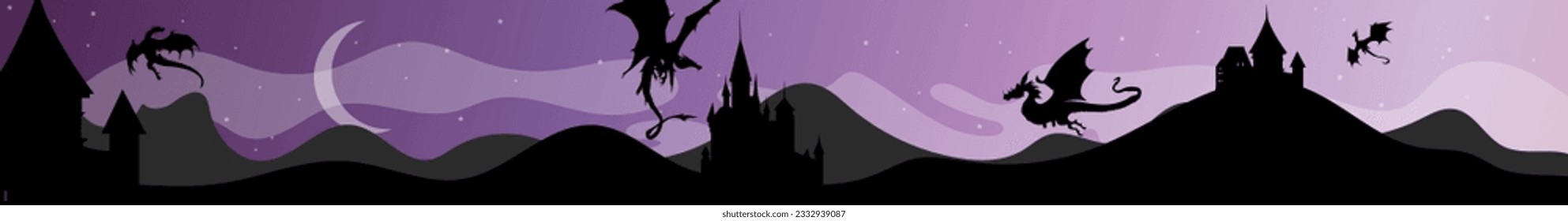 Wide fairy tale background with dragons and castles. Fantasy background, vector landscape illustration of a fictional castle. Mythical creatures. Ancient reptile. 