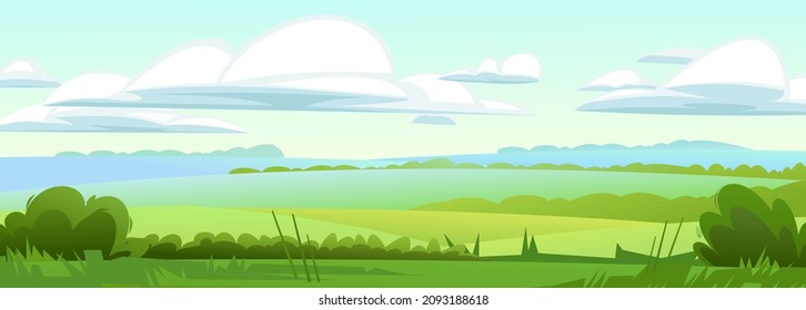 Wide farm fields in distance. Rural landscape. Horizontal village nature illustration. Flat style. Cute country hills. Vector.