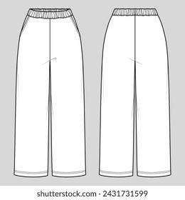 Wide fit elastic waistband trousers. Pyjama pants. Vector technical sketch. Mockup template.