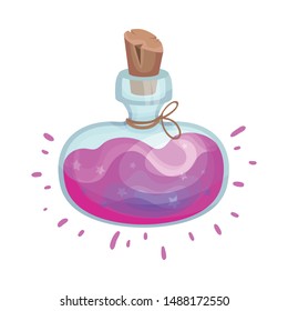 Wide flask with a magic pink elixir. Vector illustration on a white background.