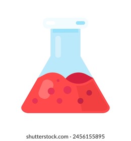 Wide flask with red bubbling liquid icon. Equipment for chemical blood analysis, medical stroked cartoon element for modern and retro design. Simple color vector pictogram isolated on white background
