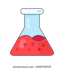 Matraz ancho con icono de líquido burbujeante rojo. Equipo para el análisis químico de la sangre, elemento médico de la historieta del trazo para el diseño moderno y retro. Pictograma de Vector de color simple aislado sobre fondo blanco