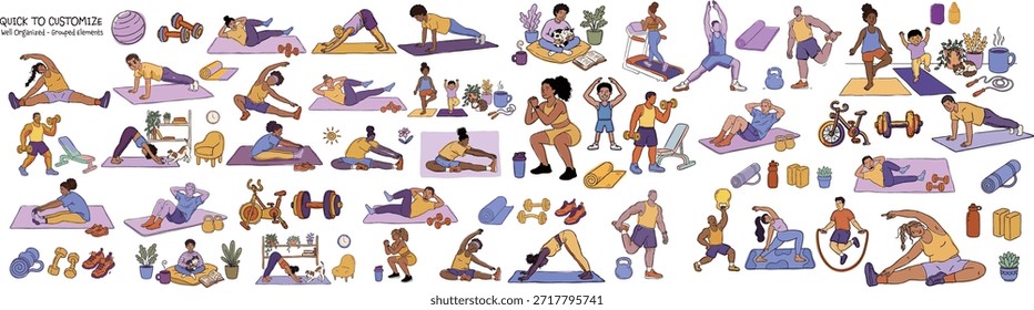 Una amplia colección de Vector de dibujos animados retrata a diversos personajes que realizan varios ejercicios en casa y en el gimnasio con colchonetas, pesas, pesas rusas, bicicletas y plantas, ideal para App en fitness, infografías y editoriales de bienestar, enérgicos.