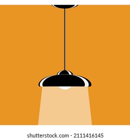 Wide flat lampshade, large powerful beam. A lamp for lighting the room. Ceiling lamp inside the house. Vector icon, black , complex flat