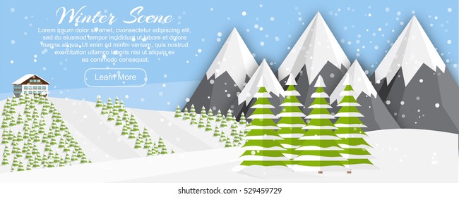 Wide flat vector mountains landscape. Cute little house, fir trees, slopes, hills and Alps. Cartoon panoramic winter background.