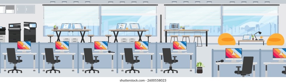 Wide floor office background with many working desk and resting zone, Office floor with high skyscraper view.