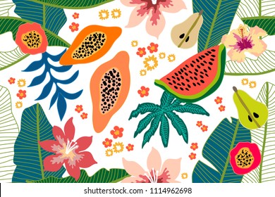 Wide floral pattern with tropical fruits and leaves. Seamless botanical print with watermelon, papaya and pears on light background. Retro textile collection.
