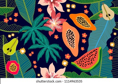 Wide floral pattern with tropical fruits and leaves. Seamless botanical print with watermelon, papaya and pears on black background. Retro textile collection.