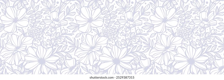 Wide floral print banner, seamless repeating elegant flower pattern, hand drawn vintage illustration, wedding invitation clip art concept design