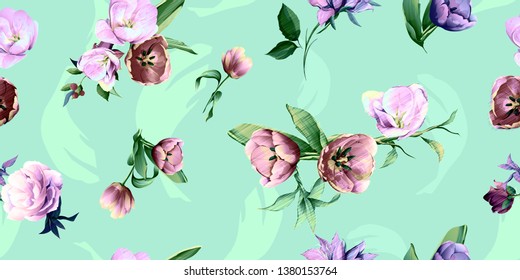 Wide floral vintage seamless background pattern. Tulips flowers with peony and leaf on pastel. Watercolor abstract 