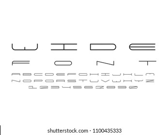  Wide font. Vector alphabet letters and numbers. Typeface design. 