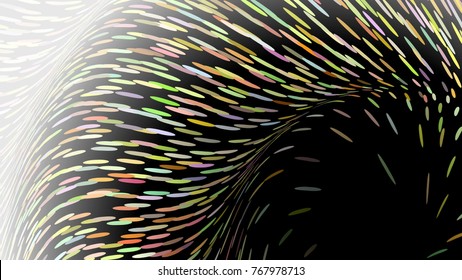 Wide format abstract background, gradient effect. Stipple effect. Rhythmic noise grain texture. Black background. Full HD 4K wallpaper with colorful strokes. Vector EPS10 with transparency