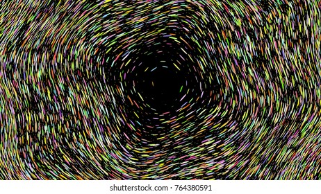 Wide format abstract background, optical illusion of gradient effect. Stipple effect. Rhythmic noise particles. Grain texture. Black background. Full HD wallpaper with colorful strokes