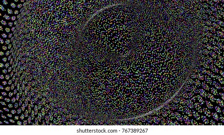 Wide format abstract background, optical illusion of gradient effect. Stipple effect. Rhythmic noise particles. Grain texture. Black background. Full HD wallpaper with colorful strokes