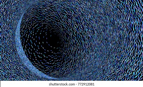 Wide format abstract background, optical illusion of gradient effect. Stipple effect. Rhythmic noise particles. Grain texture. Black background. Full HD wallpaper with colorful strokes