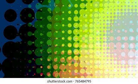 Wide format abstract background, trendy halftone effect. Stipple effect. Retro composition rhythmic bright dotted tiles. Full HD 4K colorful wallpaper. Pace for text. Vector EPS10 with transparency
