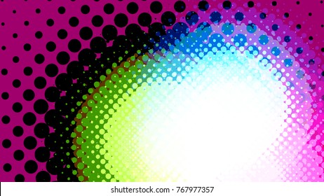 Wide format abstract background, trendy halftone effect. Stipple effect. Retro composition rhythmic bright dotted tiles. Full HD 4K colorful wallpaper. Pace for text. Vector EPS10 with transparency