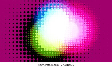 Wide format abstract background, trendy halftone effect. Stipple effect. Retro composition rhythmic bright dotted tiles. Full HD 4K colorful wallpaper. Pace for text. Vector EPS10 with transparency