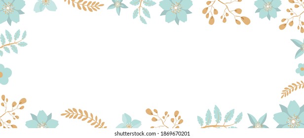 Wide Frame of flowers and leaves. Ready-made poster in gentle colors with space for text. For weddings and women's parties. Vector.