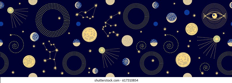 Wide fresco pattern for interior decor. Abstract cosmic elements. Rigns, circles, sattelites, heavenly bodies.