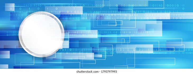 Wide Futuristic circuit design innovation concept. Abstract communication vector illustration. Sci fi technology background with binary code and colorful lines.