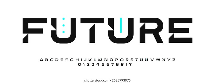 Wide futuristic sans font with bold geometric cutouts, minimal sci-fi styling, sharp digital letters for tech branding, AI interfaces, cyberpunk UI, modern logos, clean displays, secure design visual.