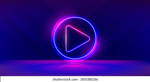 Wide gaming background with glowing play button. Press to play. Start button.