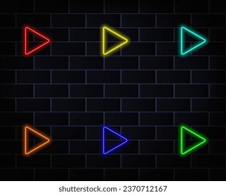 Wide gaming background with glowing play button. Press to play. Start button.. red. yellow, blue, pink, orange.