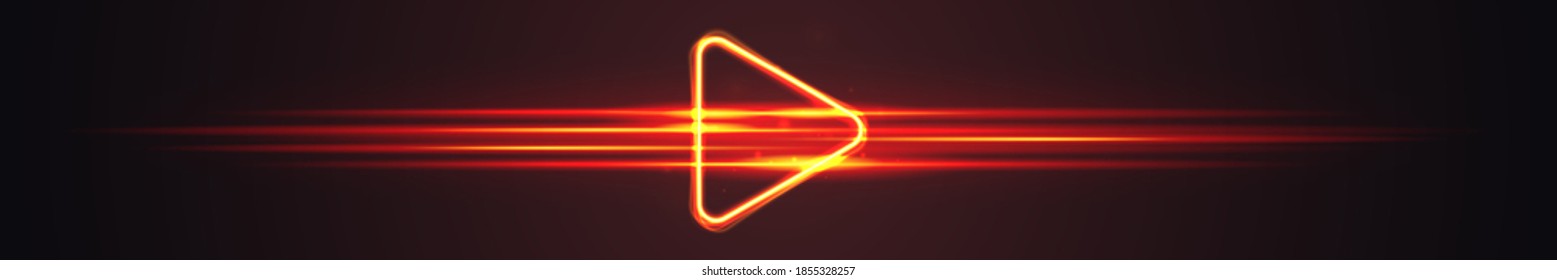 Wide gaming banner with glowing triangle play icon. Neon lights line background.