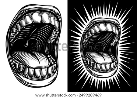 Wide gaping open shouting mouth in black and white retro graphic. Singing or loudly screaming mouth. Trendy provocative defiant vector design in styles of vintage, engraving, linocut, ink, line art.