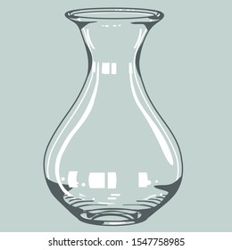 wide glass transparent carafe, decanter for wine, water and other soft drinks, monochrome illustration in vintage style