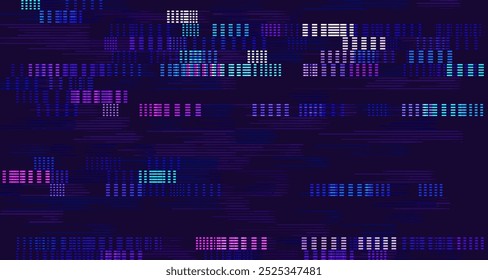 Wide Glitch Banner Background. Purple Cross Lines Pixels Design for Banners, Web Pages, Presentations. Purple Blue Bright Game Background. Vector Illustration.