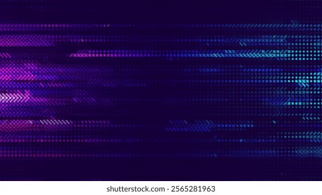 Wide Glitch Banner Background. Purple Cross Lines Pixels Design for Banners, Web Pages, Presentations. Purple Blue Bright Game Background. Vector Illustration.