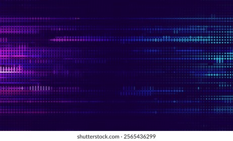 Wide Glitch Banner Background. Purple Cross Lines Pixels Design for Banners, Web Pages, Presentations. Purple Blue Bright Game Background. Vector Illustration.