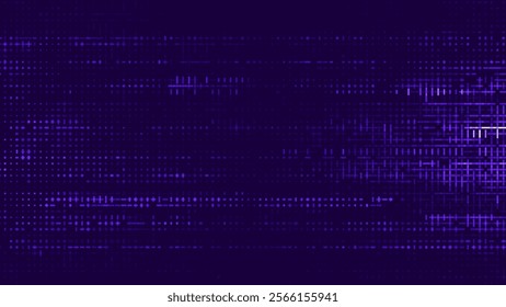 Wide Glitch Banner Background. Purple Cross Lines Pixels Design for Banners, Web Pages, Presentations. Purple Blue Bright Game Background. Vector Illustration.