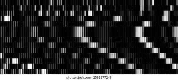 Wide Glitch TV Stripes Screen. Random Width Lines Glitch Overlay Texture. Retro Vintage TV Signal Error Aesthetics. Line Halftone Gradation Effect Pattern. Abstract Lines Vector Illustration.