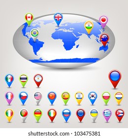 wide globe and pins with flags vector