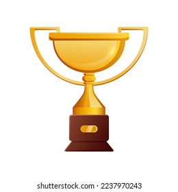 Wide gold award cup for winners and heroes. Vector illustration of champions golden trophy. Cartoon sport game reward, best movie prize, luxury goblet isolated on white background. Victory, triumph
