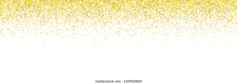 Wide gold glitter falling particles on white background. Vector