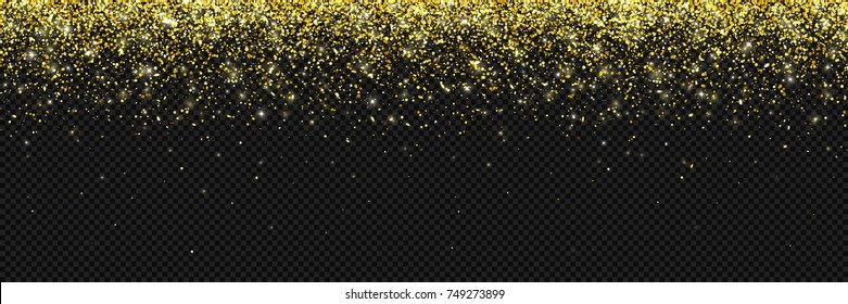 Wide gold glitter particles on dark transparent background. Vector