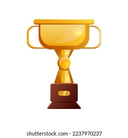 Wide golden award cup with handles for winners and heroes. Vector illustration of champions golden trophy. Cartoon sport game reward, best movie prize, luxury goblet isolated on white background