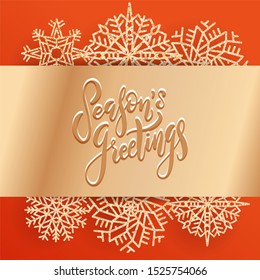 Wide golden bow with Season's greetings lettering text. Christmas Party poster design template. Luxury shining golden snowflakes peeking out under the ribbon. Greeting card Vector illustration