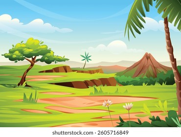 Wide grassland view with trees and distant mountain. Vector cartoon landscape illustration